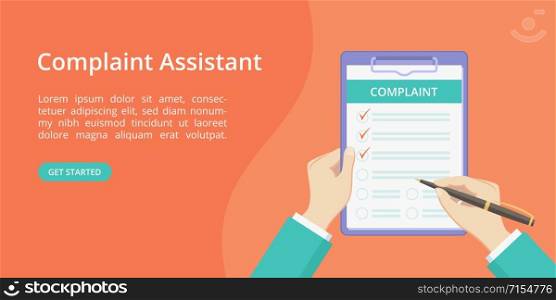 Complaint form on clipboard with hands landing page concept. Online assistant service website page vector concept, check list with complaint survey. Red landing illustration with hand and clipboard. Complaint form on clipboard with hand landing page