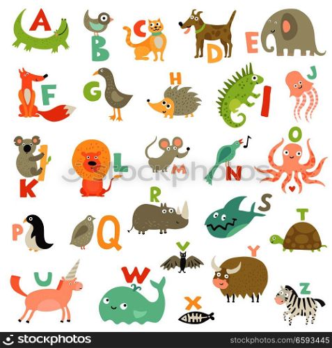 Complete children abc alphabet for babies toddlers preschoolers with funny animals pictures for each letter vector illustration . Children Alphabet Set