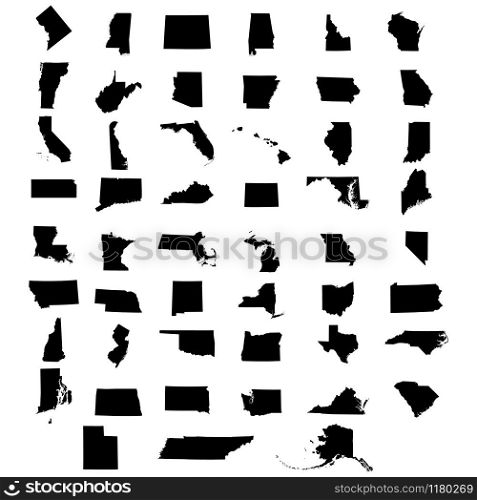 Complete collection of the states of the USA and the District of Columbia. Silhouettes of icons on a white background.. Complete collection of the states of the USA and the District of Columbia. Silhouettes of icons on a white
