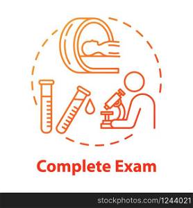 Complete exam concept icon. Data gathering. Illness examination. Disease diagnosis.Clinic test. Professional lab research idea thin line illustration. Vector isolated outline RGB color drawing