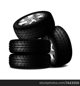Complete set of car wheels with alloy rims and new tires realistic composition vector illustration. Realistic Complete Set Of Car Wheels 