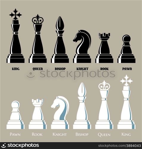 Complete set of chess pieces in black and white. Isolated on monochrome background. Only free font used.