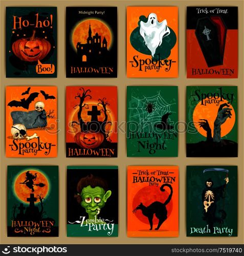 Complete set of retro posters, banners, invitation cards for Halloween party. Vector traditional Halloween elements and characters pumpkin, ghost, coffin, zombie, witch, cemetery, monster, bat cat. Complete set of retro posters for Halloween party