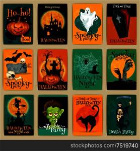 Complete set of retro posters, banners, invitation cards for Halloween party. Vector traditional Halloween elements and characters pumpkin, ghost, coffin, zombie, witch, cemetery, monster, bat cat. Complete set of retro posters for Halloween party
