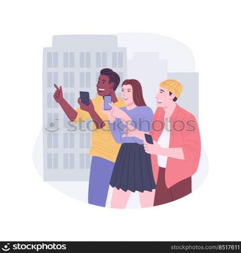 Complete tasks isolated cartoon vector illustrations. Group of young friends take part in city scavenger hunt, people urban lifestyle, find a quest solution, recreation day vector cartoon.. Complete tasks isolated cartoon vector illustrations.