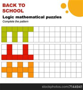 Complete the patterns, mathematical logic puzzles worksheet. Easy worksheet, for children in preschool, elementary and middle school.