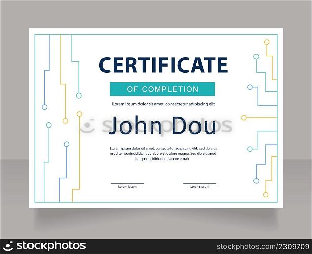 Completion certificate design template. Vector diploma with customized copyspace and borders. Printable document for awards and recognition. Myriad Variable Concept, Arial, Myriad Pro fonts used. Completion certificate design template