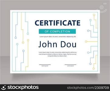 Completion certificate design template. Vector diploma with customized copyspace and borders. Printable document for awards and recognition. Myriad Variable Concept, Arial, Myriad Pro fonts used. Completion certificate design template