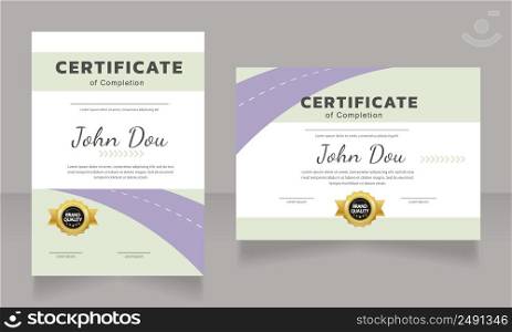 Completion certificate design template. Vector diploma with customized copyspace and borders. Printable document for awards and recognition. Kanit, Cabin, Dancing Script Bold, Regular fonts used. Completion certificate design template
