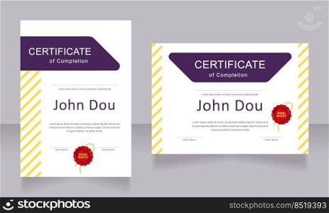 Completion certificate design templates set. Vector diploma with customized copyspace and borders. Printable document for awards and recognition. Calibri Regular, Arial, Myriad Pro fonts used. Completion certificate design templates set