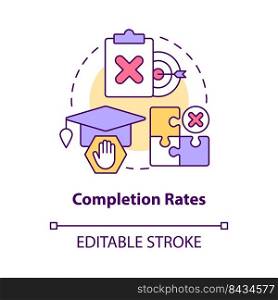 Completion rates concept icon. Do not finish college. Issue in higher education abstract idea thin line illustration. Isolated outline drawing. Editable stroke. Arial, Myriad Pro-Bold fonts used. Completion rates concept icon