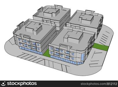 Complex building, illustration, vector on white background.