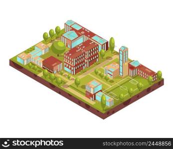 Complex of modern university buildings isometric layout with football field green trees walkways and benches vector illustration. Modern University Buildings Isometric Layout