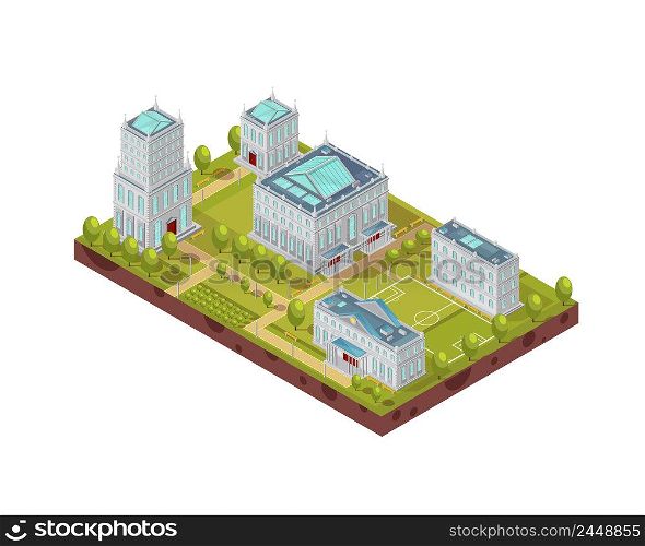 Complex of university buildings with football field, green trees, benches and walkways isometric layout vector illustration. Complex Of University Buildings Isometric Layout
