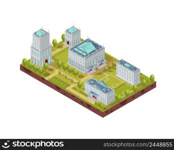 Complex of university buildings with football field, green trees, benches and walkways isometric layout vector illustration. Complex Of University Buildings Isometric Layout