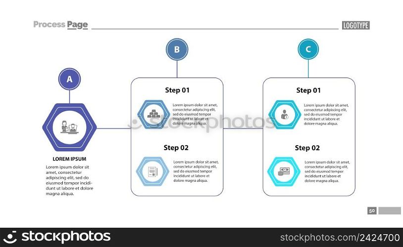 Complex process chart slide template. Element of strategy, plan, diagram. Concept for business presentation, templates, annual report. Can be used for topics like business, marketing, management. Complex process chart slide template