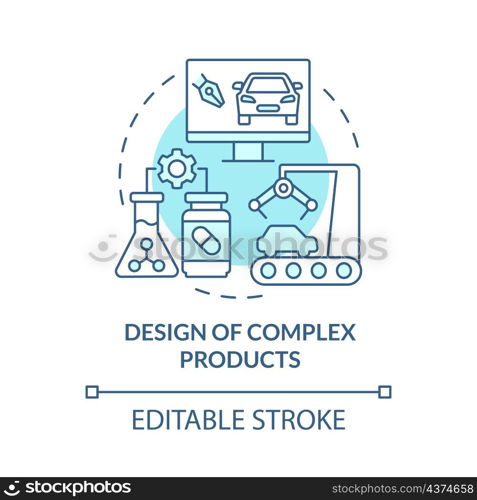 Complex products design turquoise concept icon. Production automation abstract idea thin line illustration. Isolated outline drawing. Editable stroke. Roboto-Medium, Myriad Pro-Bold fonts used. Complex products design turquoise concept icon