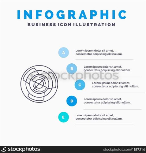 Complexity, Business, Challenge, Concept, Labyrinth, Logic, Maze Line icon with 5 steps presentation infographics Background