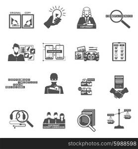Compliance copyright law black icons set. Copyright compliance law transparency black icons set with original and fake products pictograms abstract isolated vector illustration
