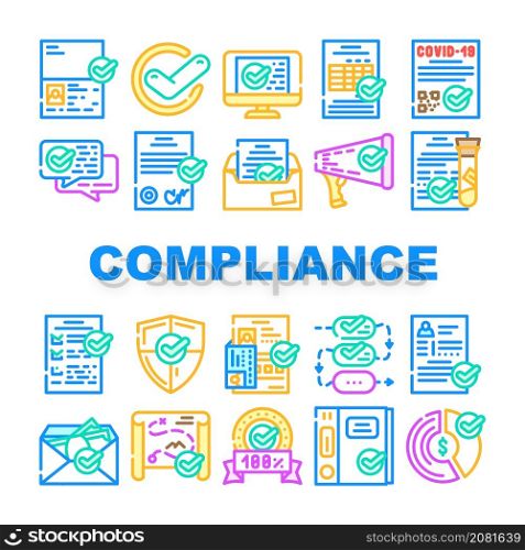 Compliance Quality Procedure Icons Set Vector. Compliance Passport And Covid Certificate, Approval Conversation And Check List, Cv And Documentation Line. Honey Analyzes Color Illustrations. Compliance Quality Procedure Icons Set Vector