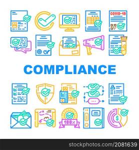 Compliance Quality Procedure Icons Set Vector. Compliance Passport And Covid Certificate, Approval Conversation And Check List, Cv And Documentation Line. Honey Analyzes Color Illustrations. Compliance Quality Procedure Icons Set Vector