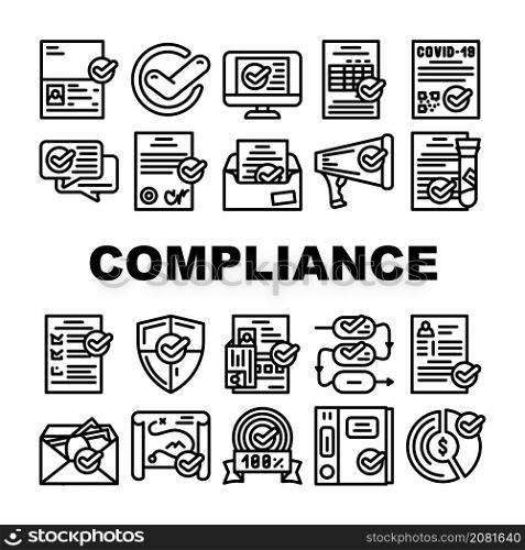 Compliance Quality Procedure Icons Set Vector. Compliance Passport And Covid Certificate, Approval Conversation And Check List, Cv And Documentation Black Contour Illustrations. Compliance Quality Procedure Icons Set Vector