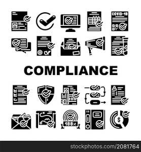 Compliance Quality Procedure Icons Set Vector. Compliance Passport And Covid Certificate, Approval Conversation And Check List, Cv And Documentation Glyph Pictograms Black Illustrations. Compliance Quality Procedure Icons Set Vector