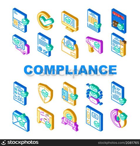 Compliance Quality Procedure Icons Set Vector. Compliance Passport And Covid Certificate, Approval Conversation And Check List, Cv And Documentation Isometric Sign Color Illustrations. Compliance Quality Procedure Icons Set Vector