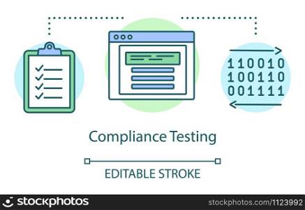 Compliance testing concept icon. Computer program standarts idea thin line illustration. Software testing process. Indicating issues and problems. Vector isolated outline drawing. Editable stroke. Compliance testing concept icon. Computer program standarts idea thin line illustration. Software testing process. Indicating issues and problems. Vector isolated outline drawing. Editable strokee