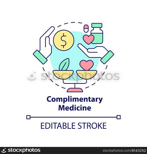 Complimentary medicine concept icon. Non-mainstream healthcare approach abstract idea thin line illustration. Isolated outline drawing. Editable stroke. Arial, Myriad Pro-Bold fonts used. Complimentary medicine concept icon