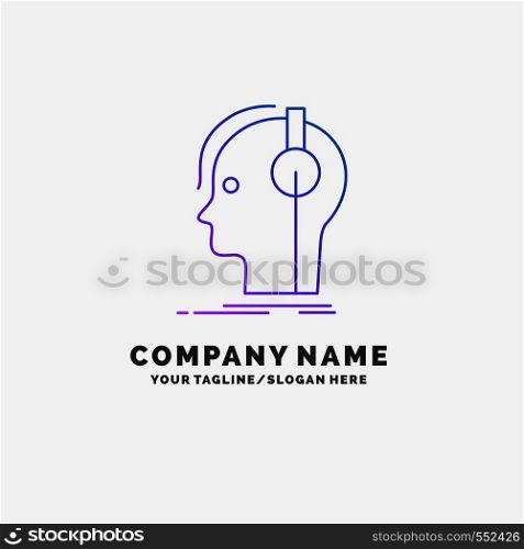 composer, headphones, musician, producer, sound Purple Business Logo Template. Place for Tagline. Vector EPS10 Abstract Template background