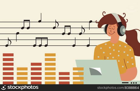 Composer woman music and sound. Designer engineer audio studio and recording or editor musician vector illustration. Digital equipment laptop and software to create professional song. Creator artist