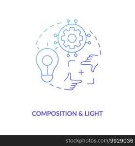 Composition and light concept icon. Game designer skills. Create perfect scene for your interesting story. Development idea thin line illustration. Vector isolated outline RGB color drawing. Composition and light concept icon