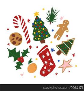 Composition Christmas elements on white background. Abstract symbols christmas tree, gingerbread, sock, tangerine, cookies, start, mistletoe, candy in doodle vector illustration.. Composition Christmas elements on white background. Abstract symbols christmas tree, gingerbread, sock, tangerine, cookies, start, mistletoe, candy in doodle.