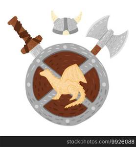 Composition dragon on shield with helmet, sword and axe on white background. Cartoon cute in doodle style vector illustration.. Composition dragon on shield with helmet, sword and axe on white background. Cartoon cute in doodle style.