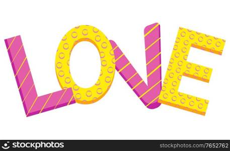 Composition for photo vector, isolated love letters inflatable balloons flat style. Romantic decoration for holidays and festive celebrations, weddings decoration. Fonts with bright color design. Love Inflatable Balloons Letters with Stripes