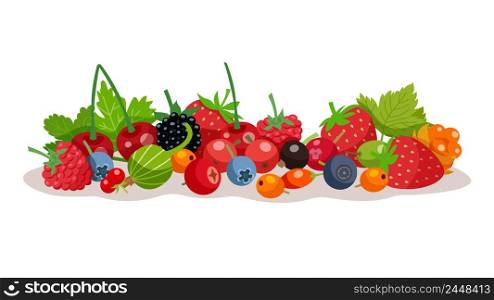 Composition from forest and garden berries with strawberry bilberry raspberry cloudberry gooseberry elements flat vector illustration. Berries Vector Illustration