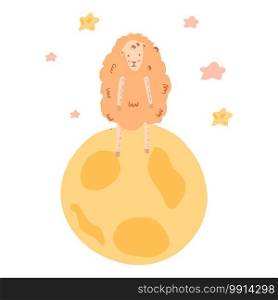 Composition lamb standing on full moon on white background. Abstract cute picture doodle vector illustration.. Composition lamb standing on full moon on white background. Abstract cute picture doodle.
