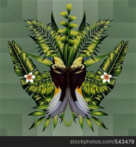 composition of beautiful hoopoe bird and tropical plants, flowers plumeria and banana palm leaves on geometric background