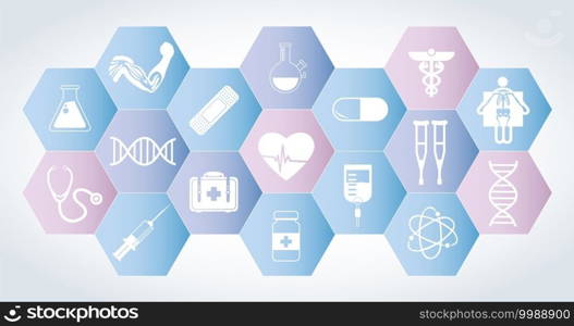 Composition of blue and pink hexagons with a group icons of stethoscope, heart, x-ray, crutches, pill, syringe, dna, atom, flask, Band-Aid, serum, test tube on white. Vector image