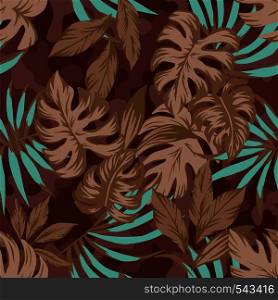 Composition of detailed tropical palm leaves in the jungle. Trendy brown with blue color on the military background. Seamless wallpaper, vector pattern.