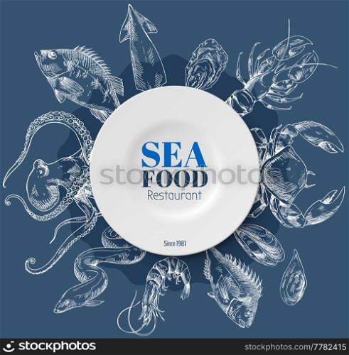 Composition of fish and sea food on blue background. Seafood shop or restaurant, template for labels and signboard. Vector hand-drawn illustration for seafood reastaurant logo. Cooking seafood concept. Composition of fish and sea food on blue background. Seafood shop or restaurant, template for logo