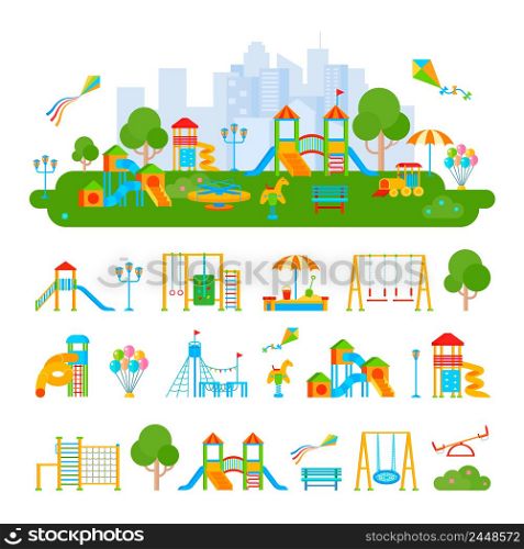 Composition of flat playground scenery and isolated elements plants ladders slippery dips seesaws on blank background vector illustration. Childrens Playground Constructor Composition