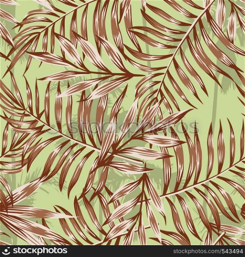Composition of palm leaves brown seamless pattern on the background of tropical trees