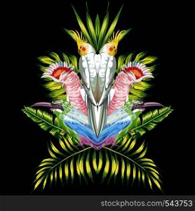 Composition of symmetrical tropical bird parrots and green leaf plants on a black background. Vector Wallpapers