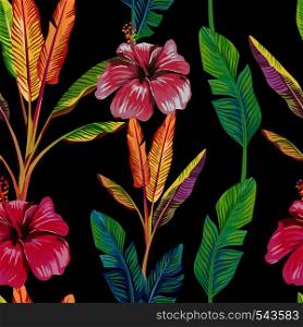 Composition of the tropical green banana leaves and red hibiscus flower black background. Seamless wallpaper pattern