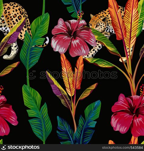 Composition of the tropical green banana leaves, red hibiscus flower, wild animal leopard black background. Seamless wallpaper pattern