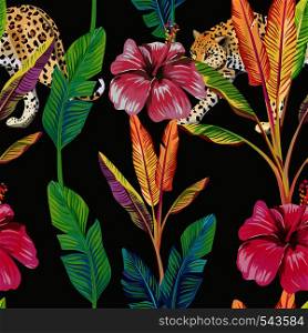 Composition of the tropical green banana leaves, red hibiscus flower, wild animal leopard black background. Seamless wallpaper pattern