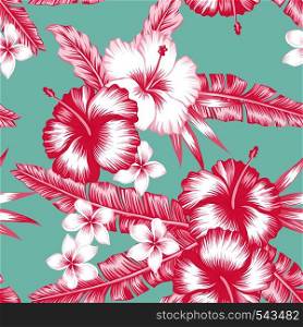 composition of tropical flower hibiscus, frangipani and leaves seamless vector pattern in trendy pink style on blue background