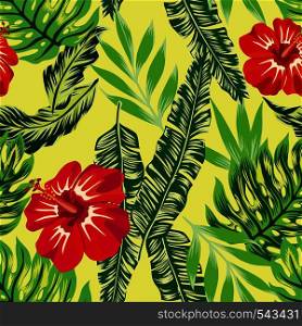 composition of tropical hibiscus flower and leaves seamless vector pattern on a yellow background in the trendy cartoon style